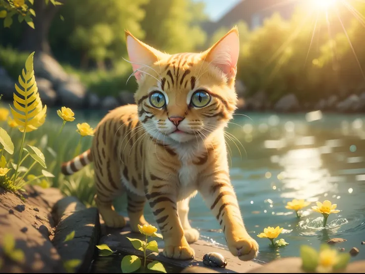 Little yellow cat catching fish by the river, There are small flowers by the river, steins, Blue sky. and the sun was shining brightly, the detail， 4K， k hd， high high quality.