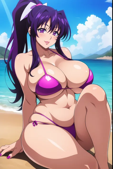 Highschool dxd, Akeno Himejima, 1girl, ((bimbo))), long purple hair, puffy lips, painted lips, thick lips, thick, wide hips, thick thighs, , huge ass, bubble butt, erotic smile face, shiny skin, enormous natural Hitomi Tanaka breasts, hanging breasts, biki...