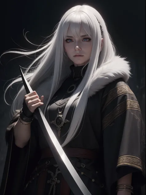 Image of a woman with long white hair and bangs over her eye wearing large medieval hunters fur clothes, black clothes and metal bracelets with a calm expression preparing for a battle, Estilo vitoriano, visto da cintura para cima, Foto realista, 4k, extre...