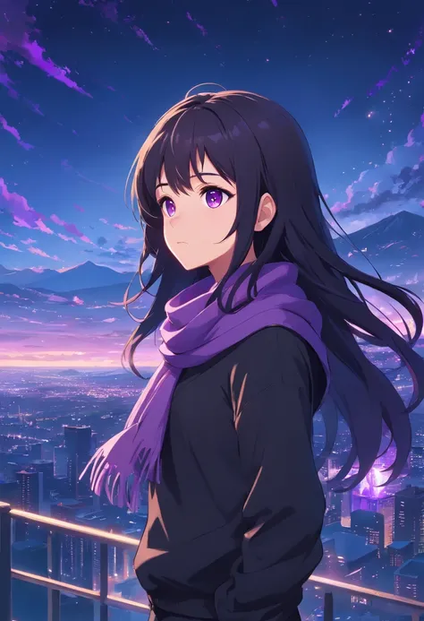 15 years old, 1 girl, black long hair, purple eyes, purple scarf, black sweater, black pants, magestic, purple particles, minimalist, cute girl, blush, standing, distracted face, breathtaking beauty of a nature background, ((no frowning)), beautiful hair,