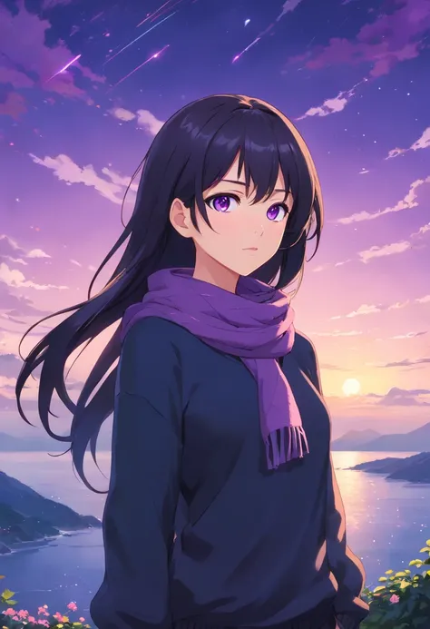 15 years old, 1 girl, black long hair, purple eyes, purple scarf, black sweater, black pants, magestic, purple particles, minimalist, cute girl, blush, standing, distracted face, breathtaking beauty of a nature background, ((no frowning)), beautiful hair,