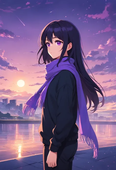 15 years old, 1 girl, black long hair, purple eyes, purple scarf, black sweater, black pants, magestic, purple particles, minimalist, cute girl, blush, standing, distracted face, breathtaking beauty of a nature background, ((no frowning)), beautiful hair,