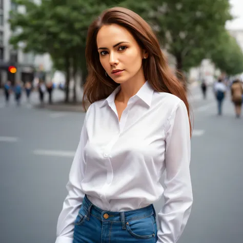 a raw professional portrait photograph of a woman, brown hair, white shirt, on a street, (photorealistic), fujifilm xf3, very re...