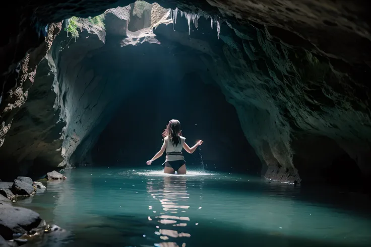 (13 year old girl in Japan, bangss,long, Small round face:1.2), (flat chest:1), Cinematic lighting, depth of fields,
(8K, Raw photography, top-quality, masuter piece:1.2), ultra res, (Realistic, photos realistic:1.37), Explorer girl exploring cave.
break
S...