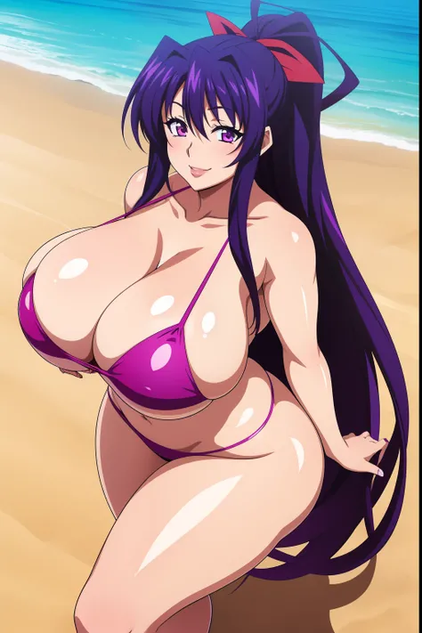 Highschool dxd, Akeno Himejima, 1girl, ((bimbo))), long purple hair, puffy lips, painted lips, thick lips, thick, wide hips, thick thighs, , huge ass, bubble butt, erotic smile face, shiny skin, enormous natural Hitomi Tanaka breasts, hanging breasts, biki...