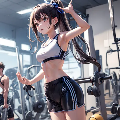 ​masterpiece, 4K, top-quality, bow ribbon, Sports Bra, Latex Shorts, is standing, , cool expression　sports gym、Raise your hands to show your armpits、1girl in