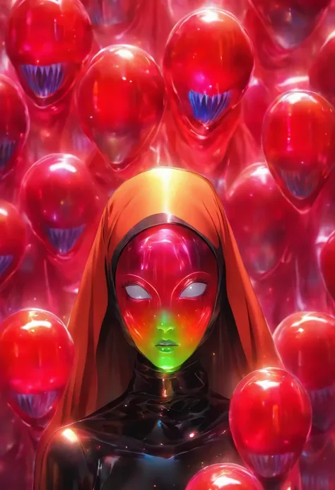 Semi-body shot, Ultra Realistic Photo, Beautiful model wearing an avant-garde jelly alien nun mask, rendering by octane