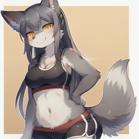 by c-3matome, solo, female, wolf, canine, grey fur, yellow sclera, (snout, hair, tail), long hair, pony tail, smile, happy smile, lean body, wide hips, hourglass body, booty shorts, sports bra.