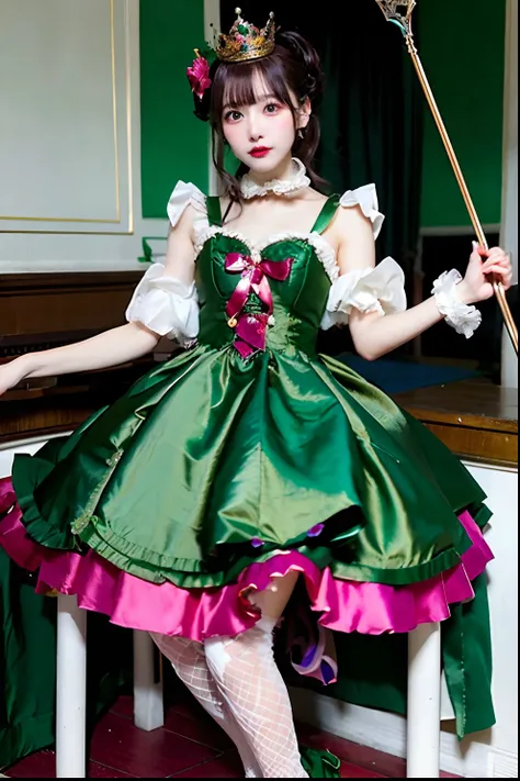 Arafe in green satin dress with cane and crown, fantasy dress, magical dress, dreamy style, very magical and dreamy, Lolita Fashion, ethereal fairy tale, fairycore, fantasy outfit, wearing fantasy formal clothing, angelic pretty, dreamy and detailed, Lolit...