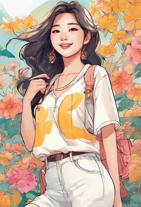 Super pretty 20 year old Korean girl,happy face,entire body, Cartoon style illustration, Cartoon Art Style, Digital illustration , Highly detailed character design, cute detailed digital art, beautiful digital illustration, high quality portrait, Comic art...