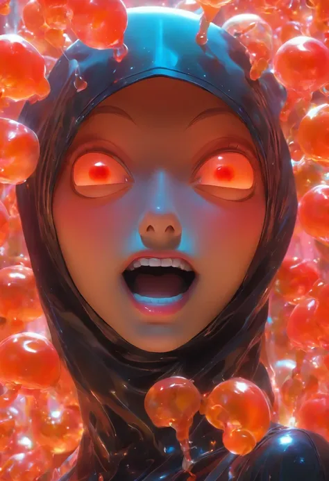 Semi-body shot, Ultra Realistic Photo, Beautiful model wearing an avant-garde jelly alien nun mask, rendering by octane