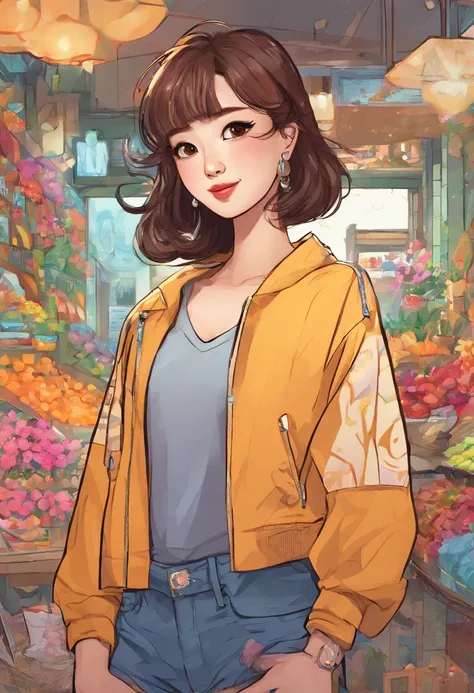 Super pretty 20 year old Korean girl,happy face,entire body, Cartoon style illustration, Cartoon Art Style, Cartoon Art Style, Digital illustration style, Highly detailed character design, cute detailed digital art, beautiful digital illustration, high qua...