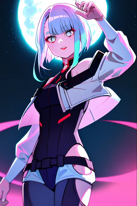 lucy (cyberpunk), 1girl, arm up, bangs, blue hair, colored tips, full moon, facing, grey eyes, jacket, long sleeves, looking at viewer, medium hair, moon, multicolored hair, parted bangs, parted lips, pink hair, portrait, red eyeliner, red lips, solo, whit...