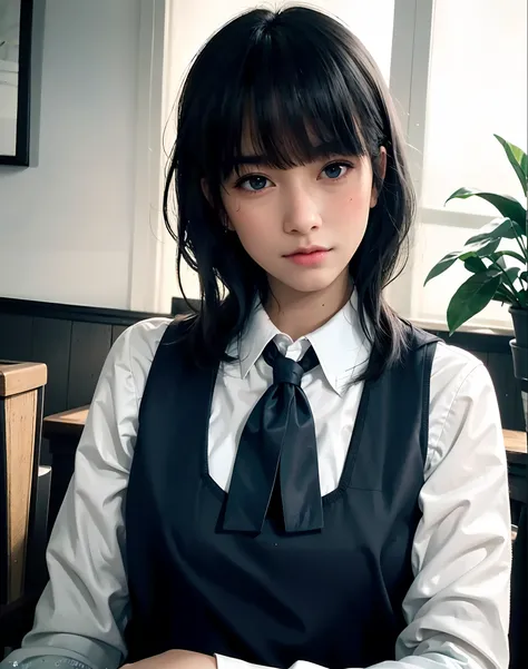 1girl, shirt, looking at viewer, collared shirt, solo, white shirt, black hair, long hair, long sleeves, lips, indoors, blue eyes, realistic, bangs, closed mouth, buttons, hair over shoulder, upper body, pinafore dress, freckles, dress, sunlight, sitting, ...