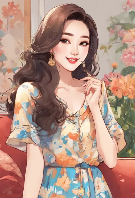 Super pretty 20 year old Korean girl,happy face,Posing in a lovely dress,entire body, Cartoon style illustration, Cartoon Art Style, digital illustration , Highly detailed character design, cute detailed digital art, beautiful digital illustration, high qu...