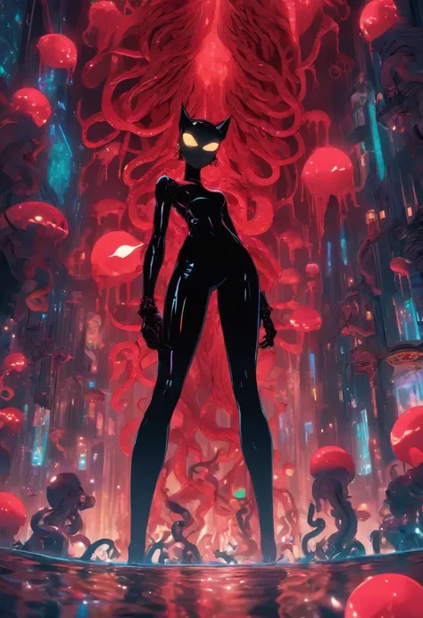 diabolical and evil aesthetic, high fashion campaign, android biomorphic catwoman, low angle, long shot surrounded by scary cyborgs a giant sinister and evil Octopus, big eggs and mirrors,  avant garde futuristic inspired, dark dramatic horror atmosphere, ...