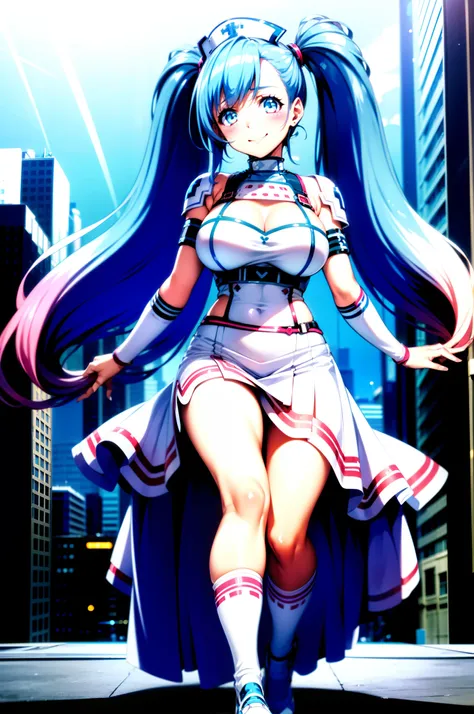 (masterpiece, best quality), 1girl, metatronx, twintails, , white large skirt,long skirt, white arm warmers, victorian dress, , , smile, dramatic lighting, god rays, cityscape, hospital, standing, blue hair,pants, pullover