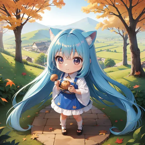 Chibichara　long hair with blue hair((Chibi Chara))、Fluffy、girl with、Chibi Chara、full body Esbian、Pastel colors hair、masutepiece、top-quality、Landscape of autumn leaves、Chestnuts and acorns