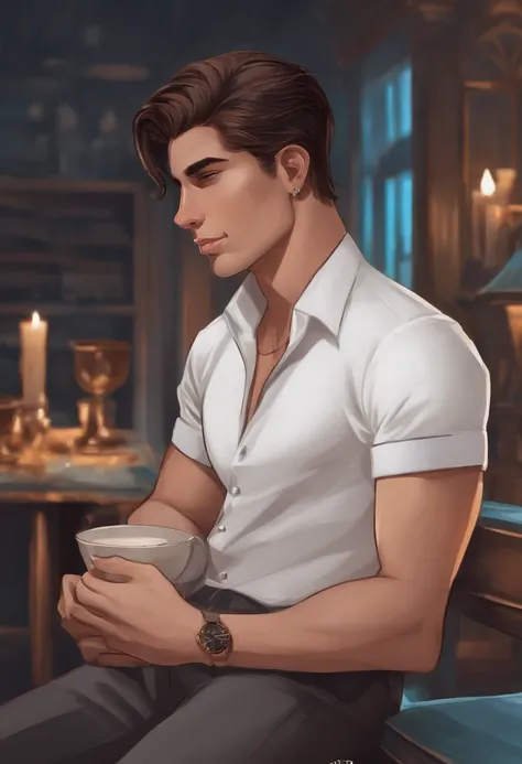 Idade: 24 years Gender: Male Appearance: um jovem alto, com cabelos pretos e olhos pretos intensos. Ele sempre usa um terno preto bem ajustado, matching a white shirt and does not have a tie. His smile is enigmatic and mysterious, conveying a certain indif...