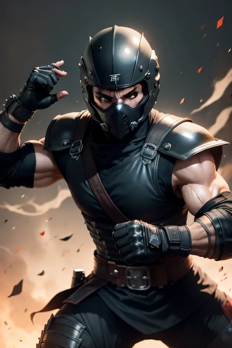 Make a deadly kombat style ninja who wears a motorcycle helmet with dark visor.