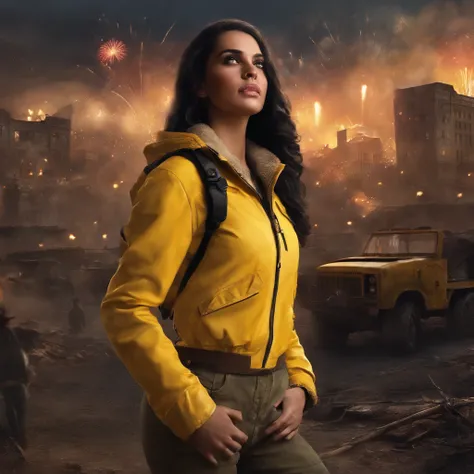 Realistic scenery, ultra - detailed, natta，postapocalyptic, High quality, Buildings everywhere, Destroyed buildings,postapocalypse, full-body portraits ,A girl, Yellow jacket, Hands in pockets, Long black hair, Heterochromic eyes,Fireworks explode overhead...