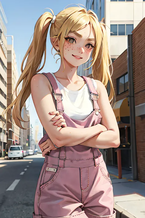 1girl, pigtails,urban street background,blonde hair,pink overalls with plain white t-shirt under, freckles,smirking,brown eyes,thick eyebrows,arms folded,