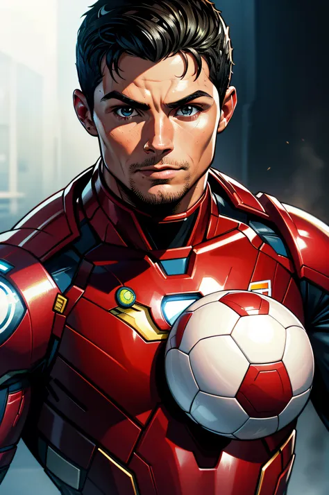 soccer player cristiano ronaldo with iron man armor, very detailed eyes and face