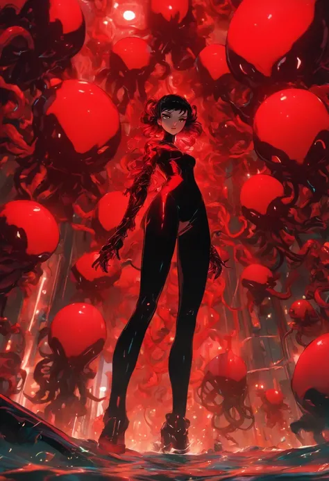 diabolical and evil aesthetic, high fashion campaign, android biomorphic catwoman, low angle, long shot surrounded by scary cyborgs a giant sinister and evil Octopus, big eggs and mirrors, avant garde futuristic inspired, dark dramatic horror atmosphere, l...