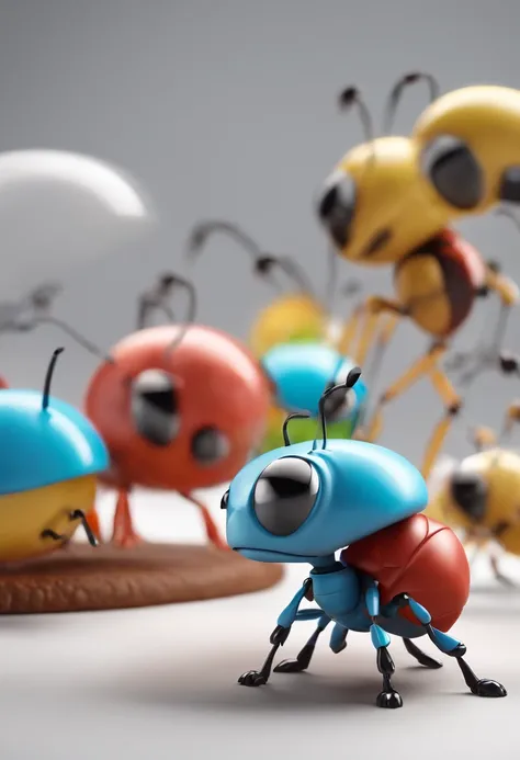 Several confectionery ants stand side by side white background, arte chave do jogo, Representado como um personagem da Pixar, arte oficial splash, High-tech factory, Realistic cinematic photo, hiper HD, Meio realista, Cor brilhante, altamente detalhado, De...