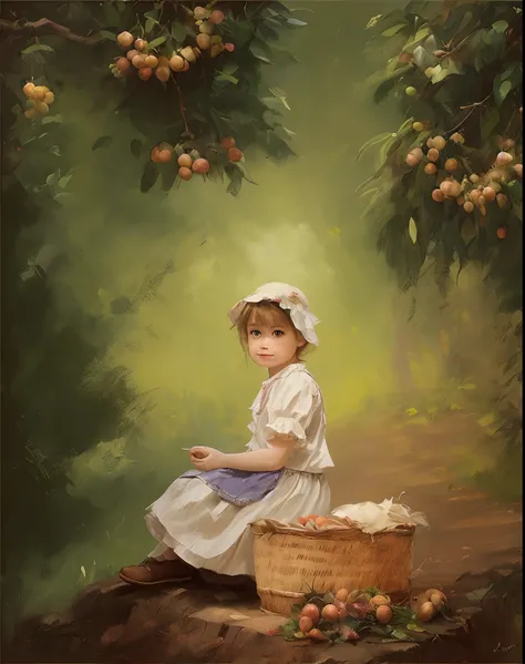 Drawing a little girl sitting on a basket holding loquats, vladimir volegov, Voregov, danile gerhartz, painting vladimir volegov, Inspired by Daniel Gerhartz, painting of beautiful, inspired by Michael Malm, by Daniel F. Gerhartz, style of pino daeni, dani...