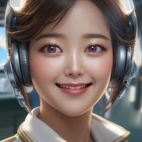 Close up of a smile with the corners of the mouth raised、Facing the front、Stewardess、makeup、(realisitic、hight resolution)、(1 girl in)、Stewardess、Do-Up Eye、Korean Girl、(Best Quality), (masutepiece), (1girl in), Solo, a beauty girl, Perfect face、Highly detai...