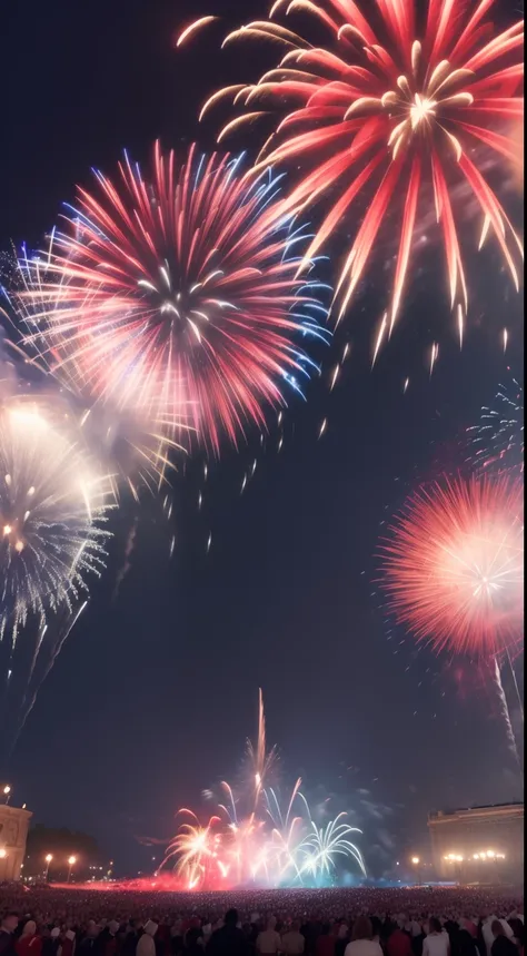 (masterpiece, illustration, official art:1.3), majestic display of power, magic, and might, (breathtaking fireworks:1.2), resplendent red, blue, and white color scheme, viewer in awe, enchanting spectacle, City square, nighttime, people, fire works, 4th of...