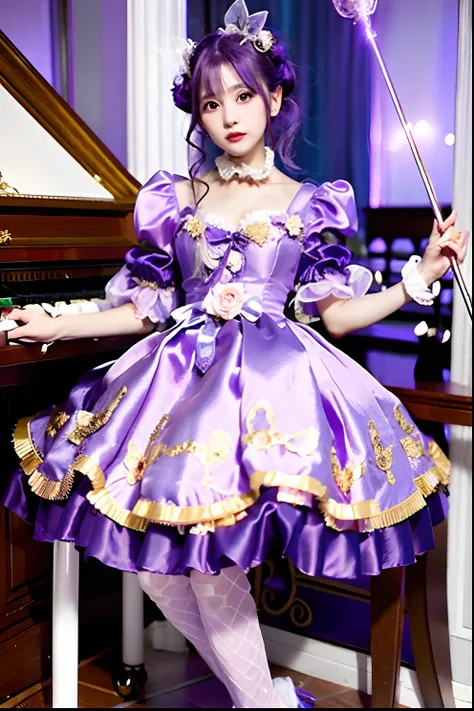 Purple satin dress with cane and crown alafe, fantasy dress, magical dress, dreamy style, very magical and dreamy, Lolita Fashion, ethereal fairy tale, fairycore, fantasy outfit, wearing fantasy formal clothing, angelic pretty, dreamy and detailed, Lolita ...