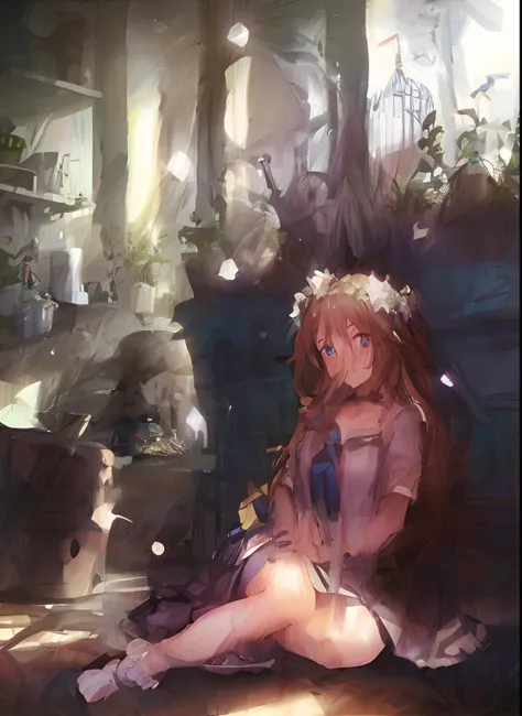 Anime girl sitting on the ground，He wears a flower crown in his hair, style of anime4 K, Beautiful anime girl, 4K anime wallpaper, hd anime wallaper, Anime art wallpaper 4k, Anime art wallpaper 4 K, Anime girl with long hair, Anime art wallpaper 8 K, Kawas...