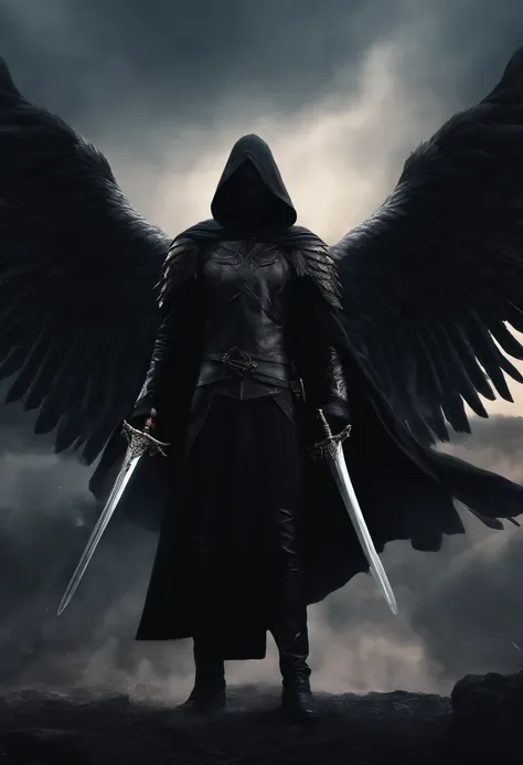 Realistic, 4K, Angel with big wings, Black clothes, One sword, Hood in war background image (the chaos)