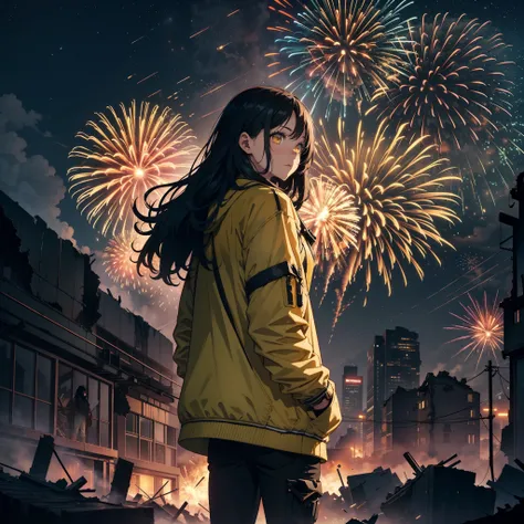 Realistic scenery, ultra - detailed, the night，postapocalyptic, High quality, Buildings everywhere, Destroyed buildings,postapocalypse, full-body portraits ,A girl, Yellow jacket, Hands in pockets, Long black hair, Heterochromic eyes,Fireworks explode in t...