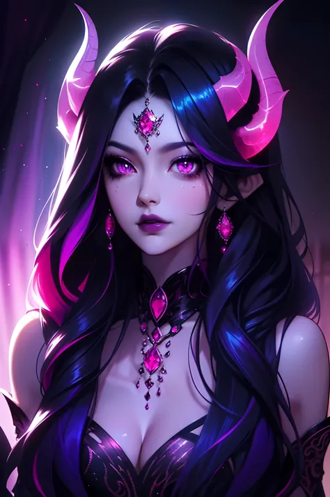 Lilith, the enchanting demon queen. Her presence radiates an aura of dark elegance and power. Render her with flowing, black-to-purple ombre hair that cascades down her back, shimmering with an otherworldly luster. Her skin, a striking shade of gray, adds ...