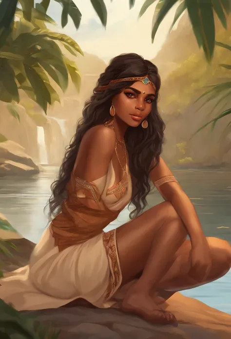 Anime character Brazilian indigenous adult woman, beige dress, brown skin, long hair with bangs, sitting on the riverside, masterpiece, best quality, detailed skin, detailed eyes, orange eyes,8k, good shading, beautiful strokes, detailed background, good a...