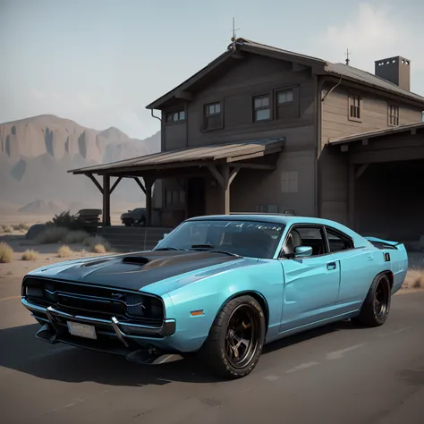 ((A photo realistic picture of duotone sky blue and cream) Dodge Charger, steampunk look, offroad overland modification, design by Kahn Design in hyper realistic 3D CGI Render style, unreal engine, studio lighting, insanely detailed and intricate, ultra sh...