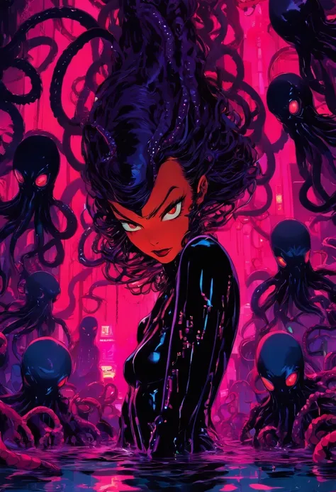 android biomorphic catwoman, shes standing in a pool of red goo,  long shot surrounded by scary cyborgs a giant sinister and evil Octopus, tubes and cables in the backround, diabolical and evil aesthetic, high fashion campaign, high heels, low angle, big e...