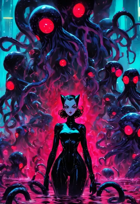 android biomorphic catwoman, shes standing in a pool of red goo,  long shot surrounded by scary cyborgs a giant sinister and evil Octopus, tubes and cables in the backround, diabolical and evil aesthetic, high fashion campaign, high heels, low angle, big e...