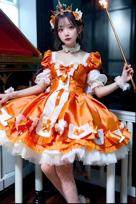 Orange satin dress with cane and crown alafe, fantasy dress, magical dress, dreamy style, very magical and dreamy, Lolita Fashion, ethereal fairy tale, fairycore, fantasy outfit, wearing fantasy formal clothing, angelic pretty, dreamy and detailed, Lolita ...