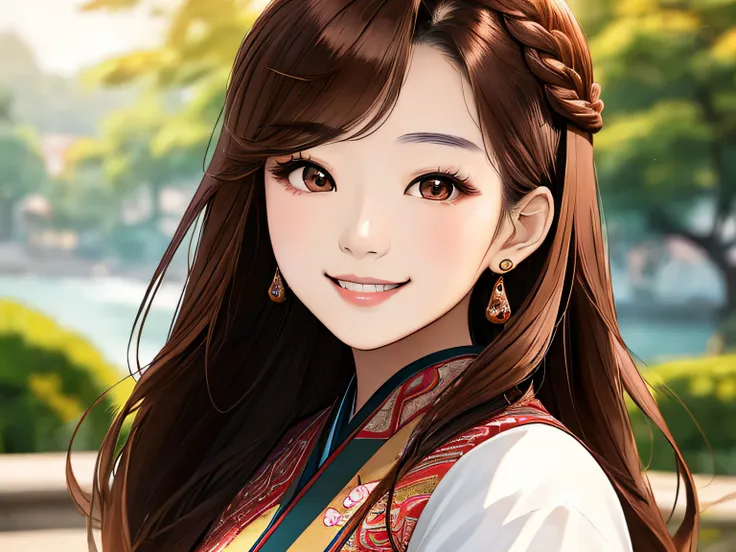 ((masterpiece)),(((best quality))), young asian woman with long brown hair smiling at the camera, gorgeous young korean woman, young adorable korean face, beautiful young korean woman, smiling fashion model face, perfectly centered portrait, 4k asymmetrica...