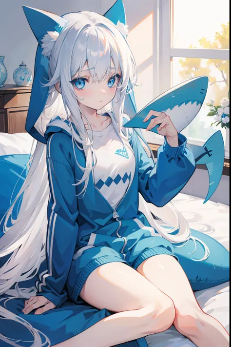 Anime girl, long white hair, beautiful blue eyes, in a blue shark onesie, sitting on her bed, holding a cute blue shark plushie/toy, sleepy expression, fair skin, bare legs, 8k, high resolution, highly detailed, good anatomy