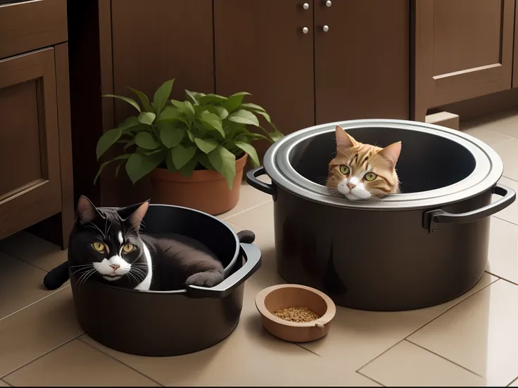 A cat lies in a pot in the kitchen