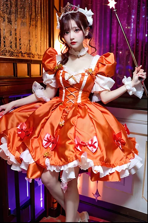 orange satin dress with cane and crown arafe, fantasy dress, magical dress, dreamy style, very magical and dreamy, lolita fashio...