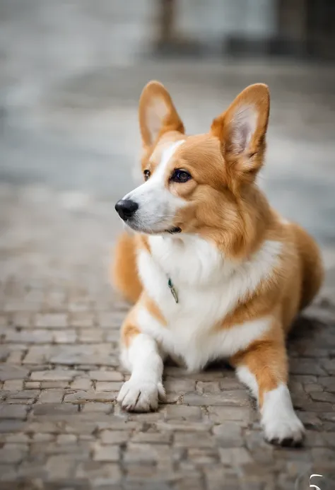 "Generate an ultra-high definition image capturing a pembroke Welsh corgi in a chic, Classic dog pose. Use advanced macro photography techniques to highlight the intricate details of the dogs coat, standing ears, e olhos expressivos e lingua parcialmente p...