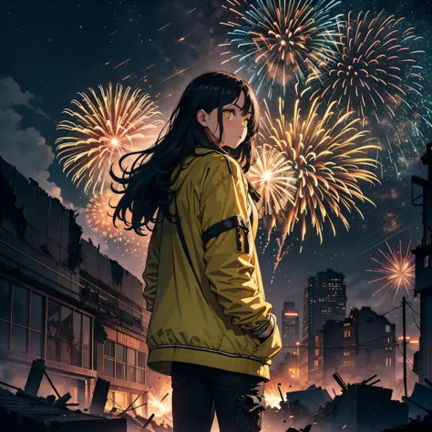 Realistic scenery, ultra - detailed, the night，postapocalyptic, High quality, Buildings everywhere, Destroyed buildings,postapocalypse, full-body portraits ,A girl, Yellow jacket, Hands in pockets, Long black hair, Heterochromic eyes,Fireworks explode in t...