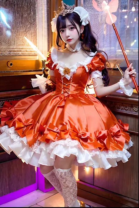 orange satin dress with cane and crown arafe, fantasy dress, magical dress, dreamy style, very magical and dreamy, lolita fashio...