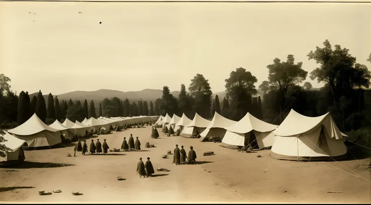 aerial view of an military roman camp full of white tents, soldiers cooking, a wooden palisade around the camp